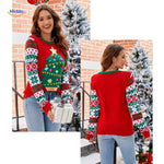Red knit sweater with embroidered reindeer and festive Christmas pattern.