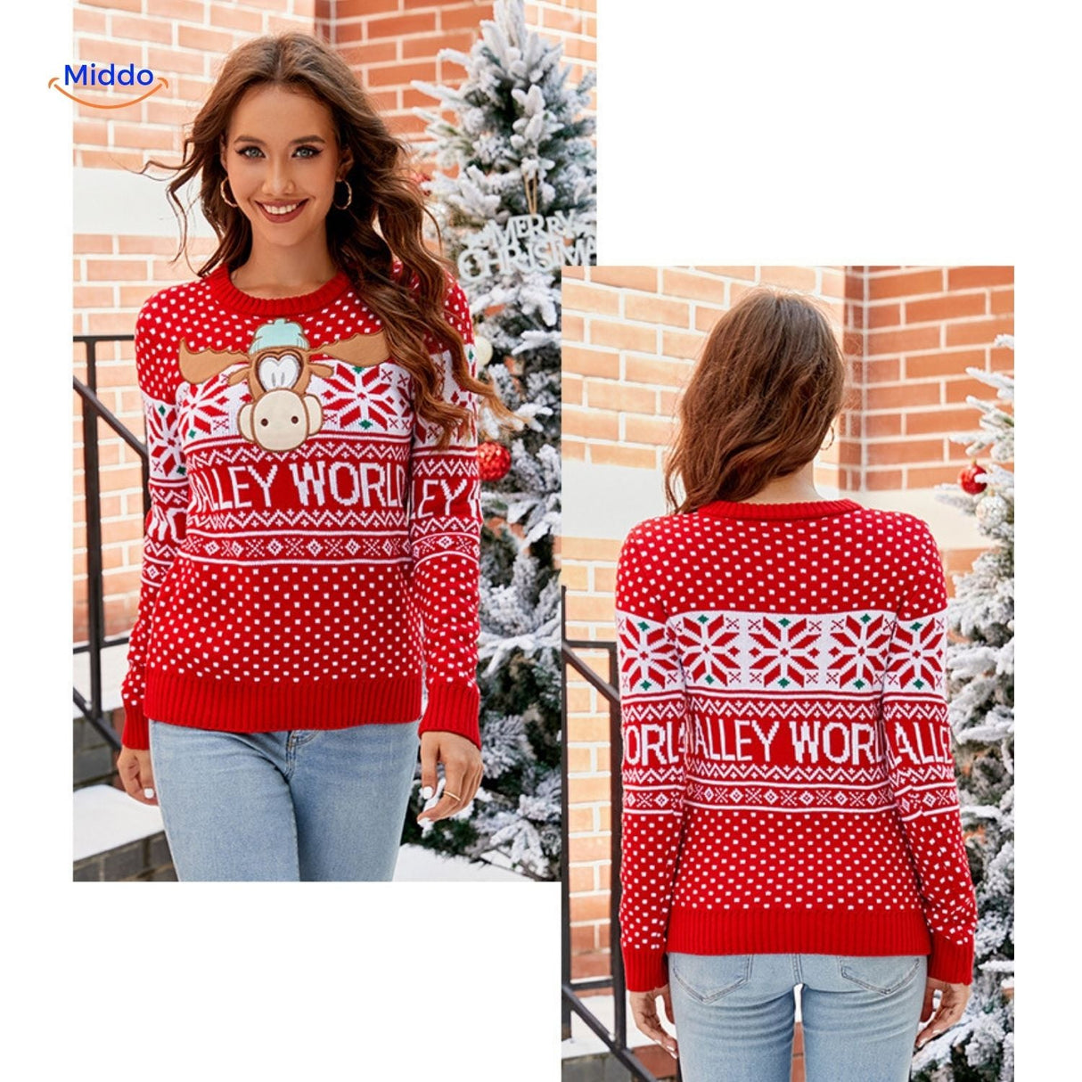 Red knit Christmas sweater with embroidered snowflakes and holiday trim.