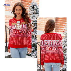Red knit Christmas sweater with embroidered snowflakes and holiday trim.