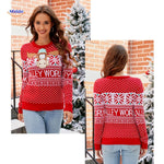 Red knit Christmas sweater with embroidered snowflakes and holiday trim.