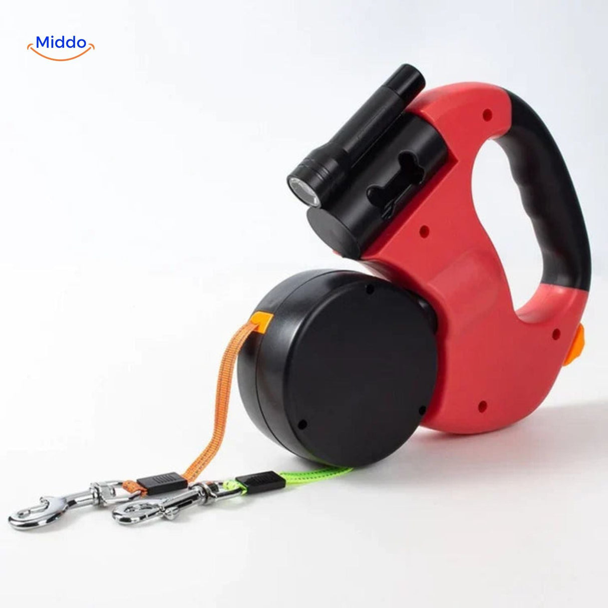 Red retractable leash showing dual attachment hook mechanism in detail.