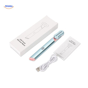 Red light therapy EMS pen promoting skin rejuvenation and natural facial radiance.