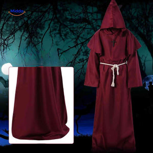 Red medieval monk robe with deep hood in authentic traditional style.