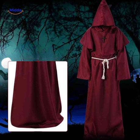 Red medieval monk robe with deep hood in authentic traditional style.