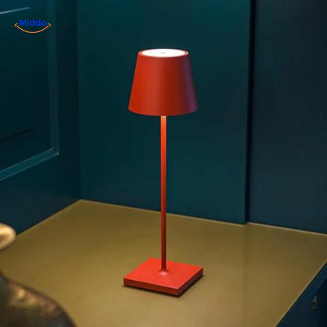Red dimmable LED lamp with modern minimalist architectural design.