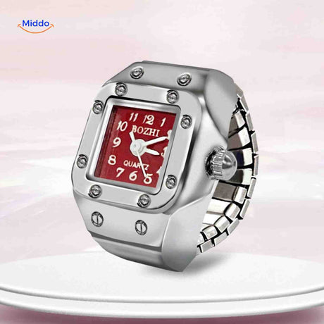 Red modern unisex ring watch with contemporary design and dial.