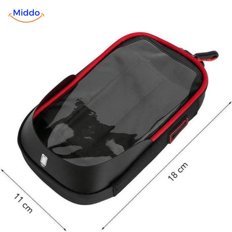 Red waterproof motorcycle mount with detailed dimension specifications and size guide.