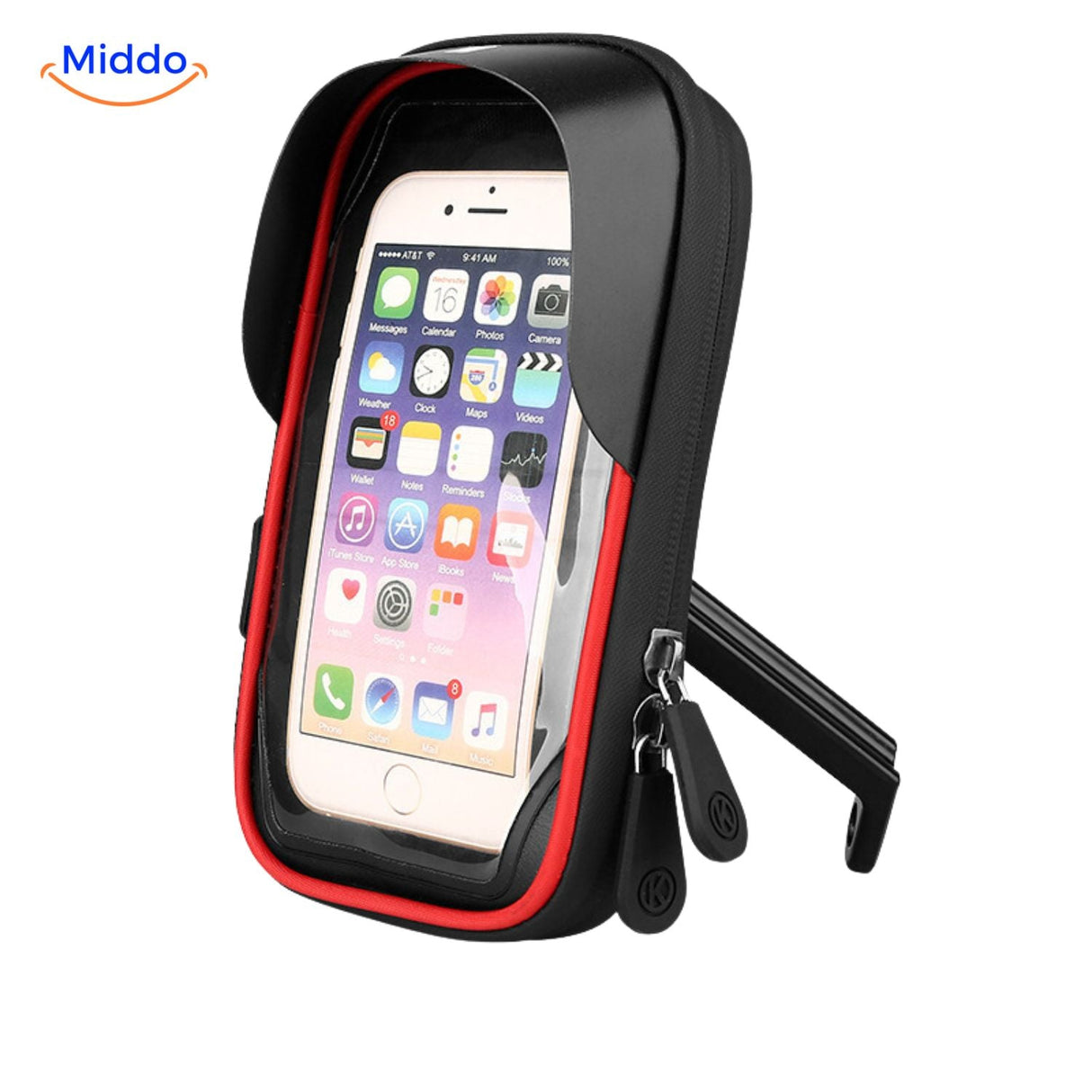 Red waterproof phone mount with collapsible stand for compact motorcycle storage.