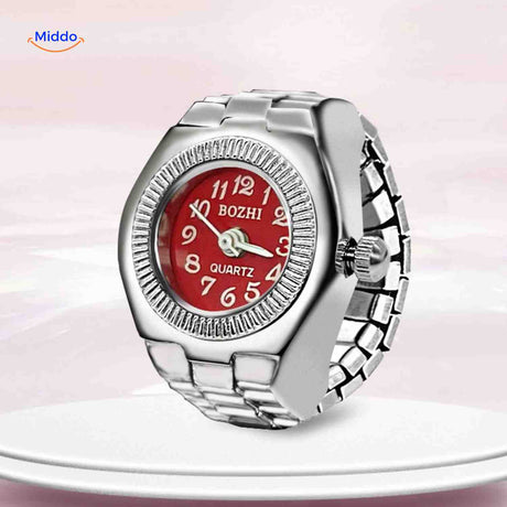 Red round ring watch with elegant unisex design and vibrant color.