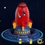 Red SplashRocket space-themed water sprinkler for kids.