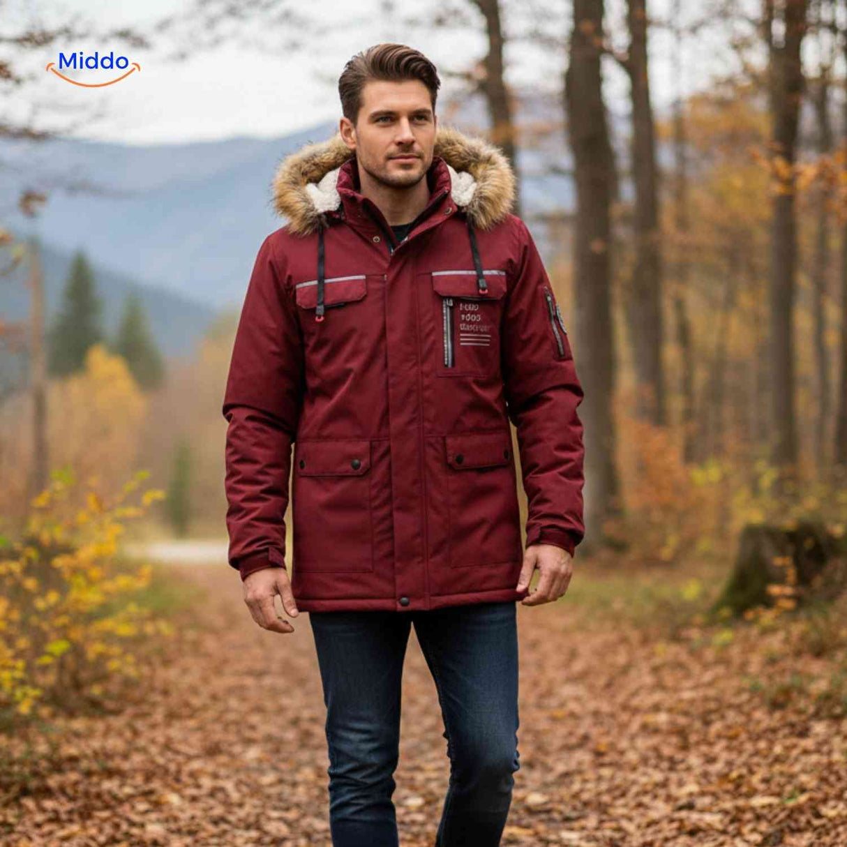Red water-resistant men's winter jacket with hood and zip detail.