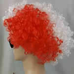Red and white curly party fan wig for sports event celebration.