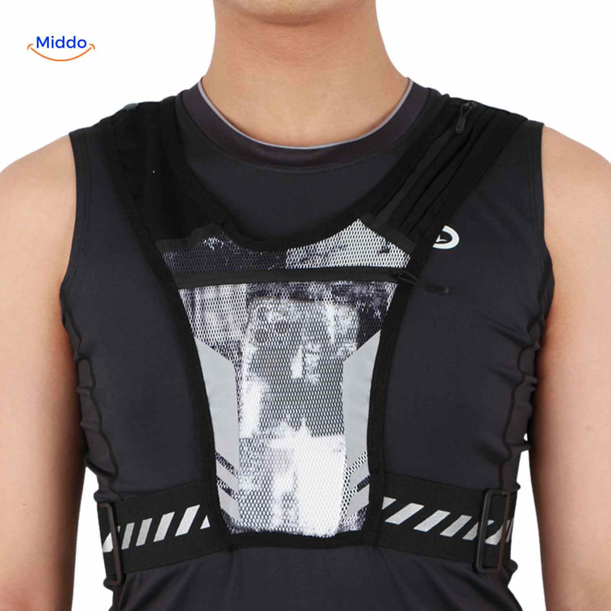Reflective running vest with breathable mesh front panel for ventilation and reflective safety details.