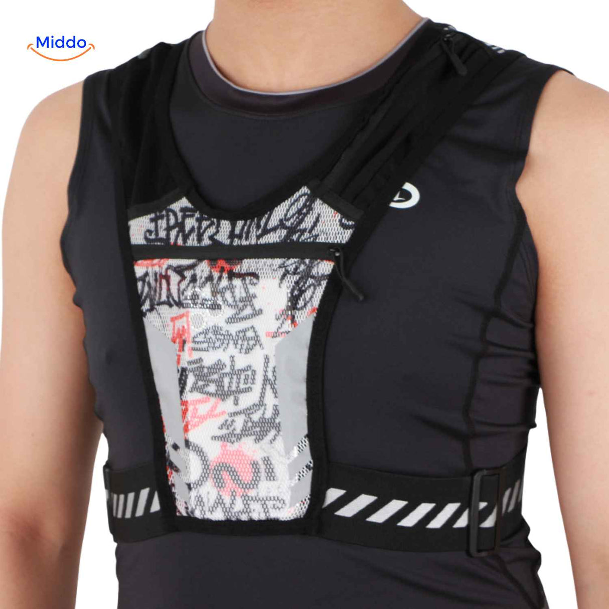 Sport running vest with graphic design and breathable mesh pocket panel for ventilation.