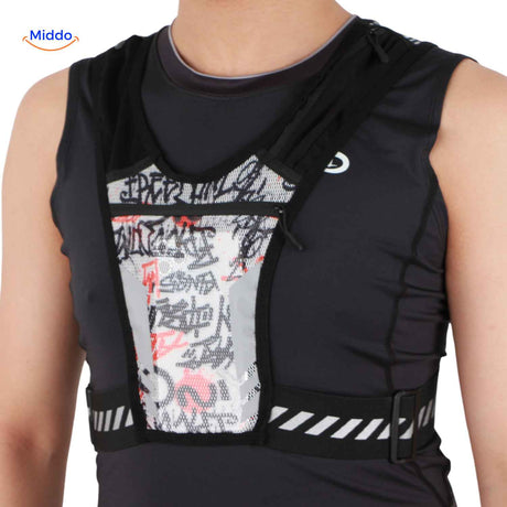 Sport running vest with graphic design and breathable mesh pocket panel for ventilation.