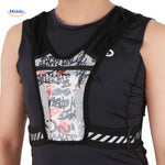 Sport running vest with graphic design and breathable mesh pocket panel for ventilation.