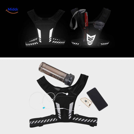 Reflective running vest styled with accessories and gadgets, showing practical storage capabilities.