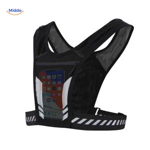Close-up of reflective running vest smartphone holder pocket with reflective safety details.