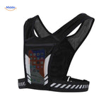 Close-up of reflective running vest smartphone holder pocket with reflective safety details.