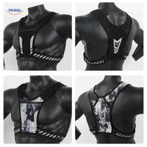 Multiple design variations and back styles of reflective running vest with different pattern options.