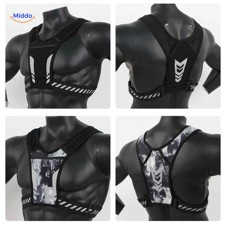 Multiple design variations and back styles of reflective running vest with different pattern options.
