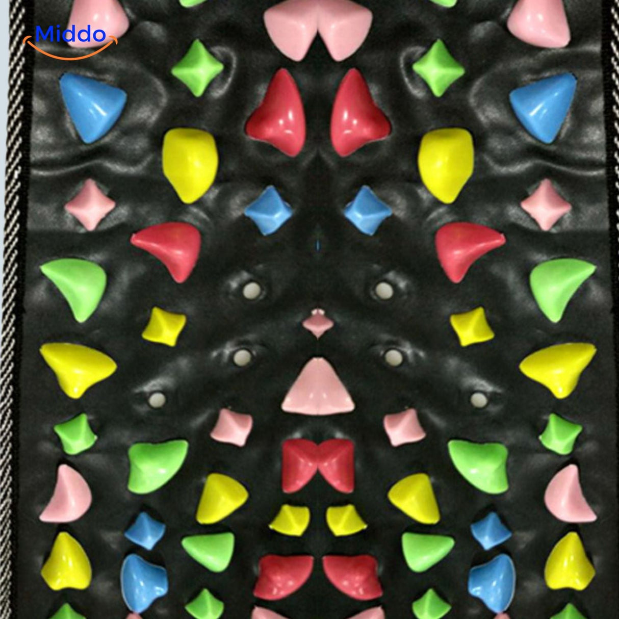 Feet positioned on ReflexoStep acupressure mat showing active therapy zones.