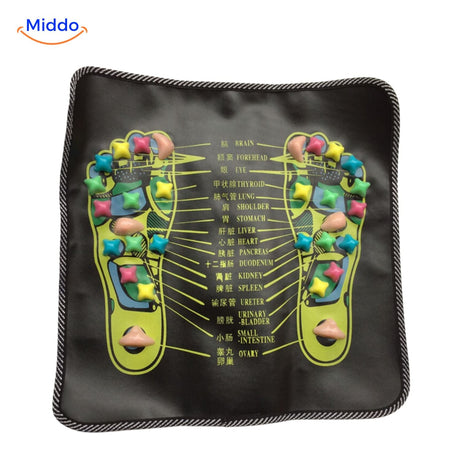 Feet on the ReflexoStep acupressure mat during health stimulation session.