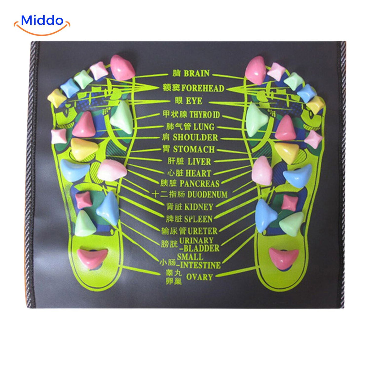 Health zones chart showing reflexology points mapped on the foot massage mat.