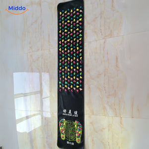 Feet receiving acupressure stimulation on the ReflexoStep therapeutic mat.