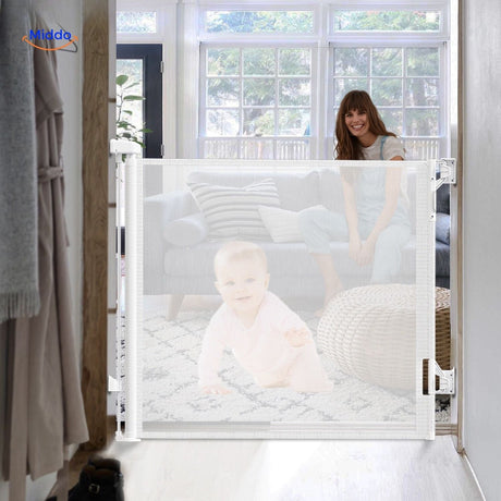 Retractable stair gate with protective mesh netting for baby and pet safety.