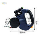 Retractable dual dog leash dimensions and size specifications display.