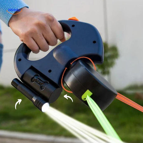 Retractable dog leash with built-in light function for safe night walks.