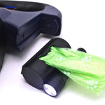 Retractable dog leash with integrated waste bag dispenser feature.