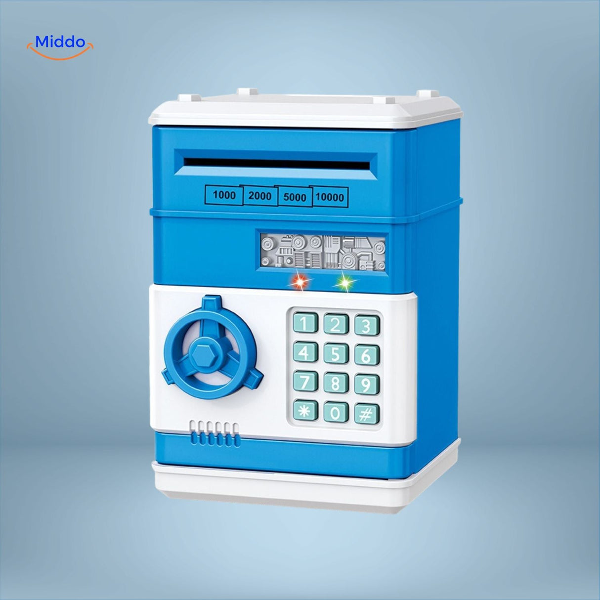 Retro-style yellow and red ATM savings machine with LED lights and PIN entry.