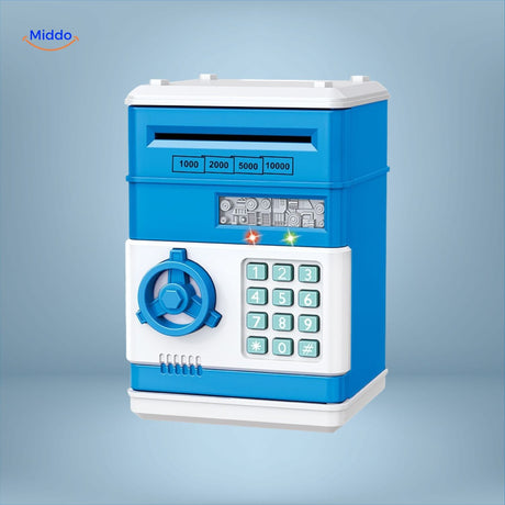 Retro-style yellow and red ATM savings machine with LED lights and PIN entry.