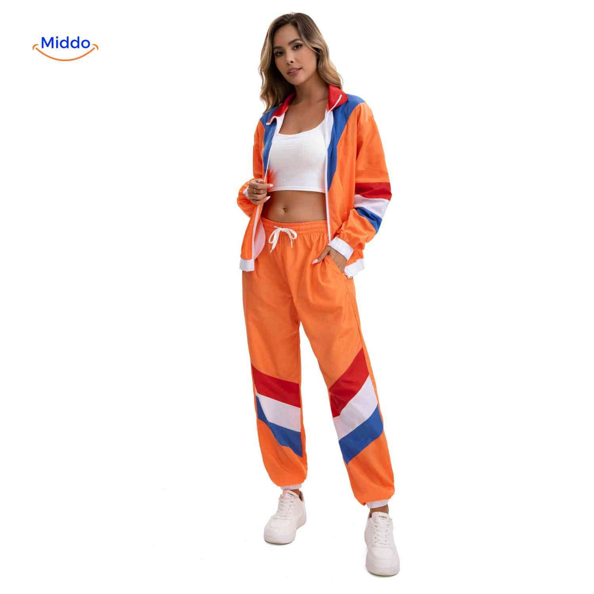 Two-piece retro jogging set with jacket and pants combination.