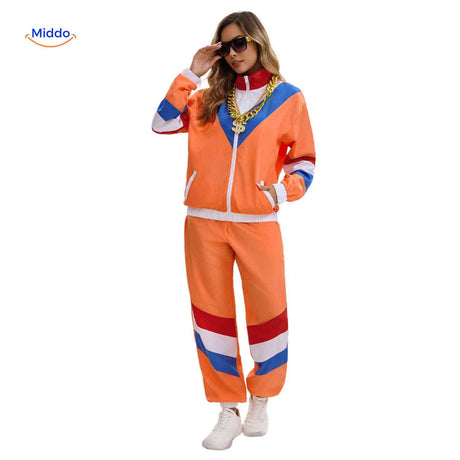 Retro tracksuit with full-length zipper jacket, casual style.