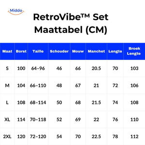 Retro tracksuit size chart with measurements in centimeters.