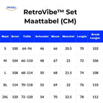 Retro tracksuit size chart with measurements in centimeters.