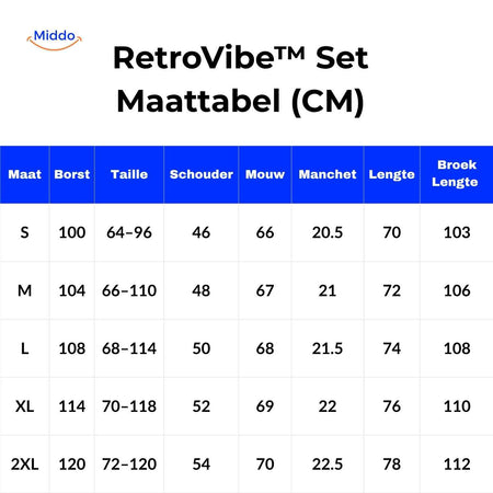 Retro tracksuit size chart with measurements in centimeters.