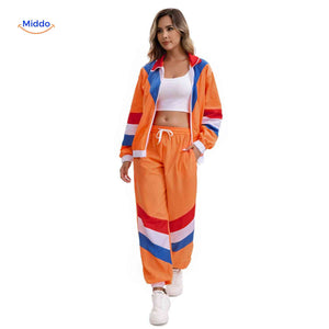 Sporty retro tracksuit complete outfit on model.