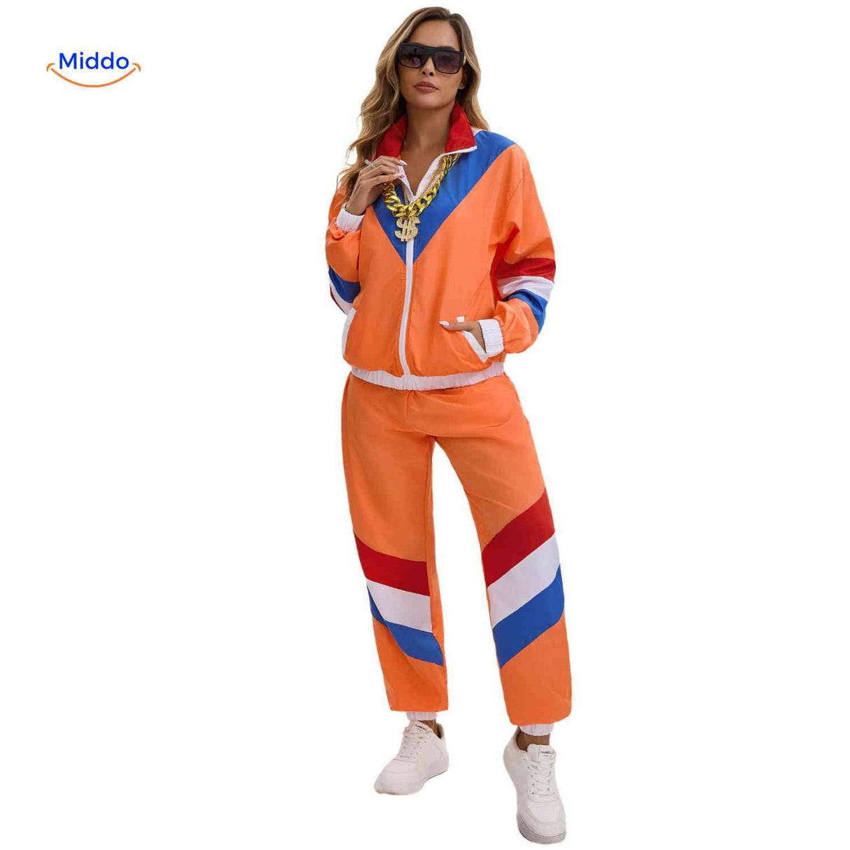 80s retro tracksuit streetwear style in bold colors.