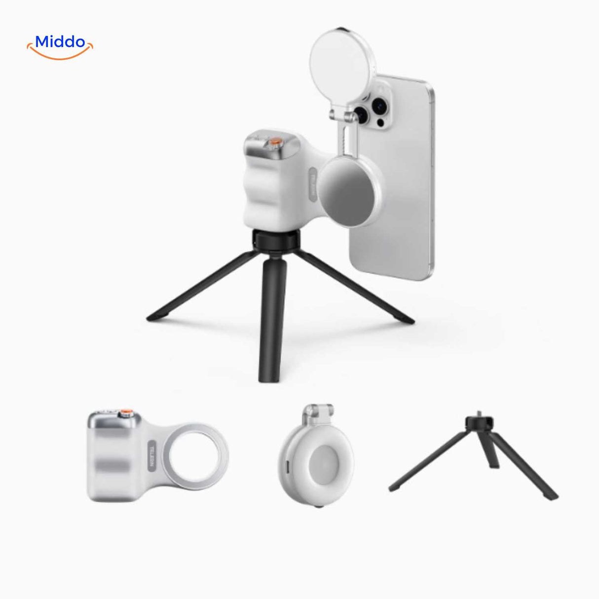 Complete modular system with ring light, tripod, and accessories.