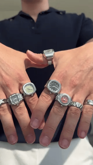 Timevera ring watch collection showcasing multiple design styles and colors.