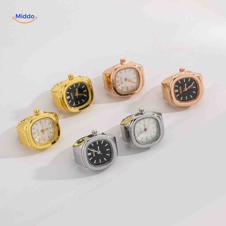 Gold ring watch with rose square dial.