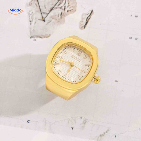 Gold ring watch with white square dial.