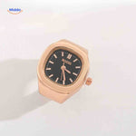 Rose gold ring watch with black square dial.