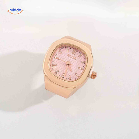 Rose gold ring watch with pink square dial.