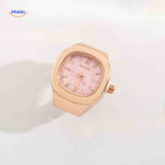 Rose gold ring watch with pink square dial.