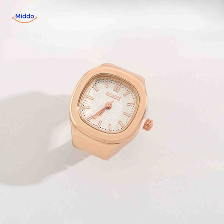 Rose gold ring watch with white square dial.